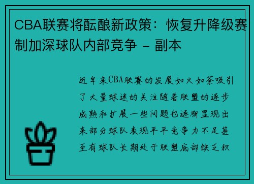 CBA联赛将酝酿新政策：恢复升降级赛制加深球队内部竞争 - 副本